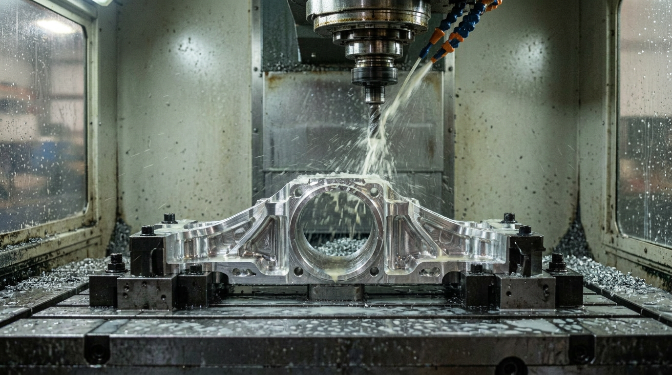 Precision aluminum component inside a CNC machining center